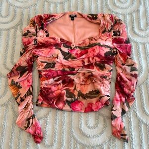 EXPRESS Pink Floral Mesh Body Contour Ruched Top